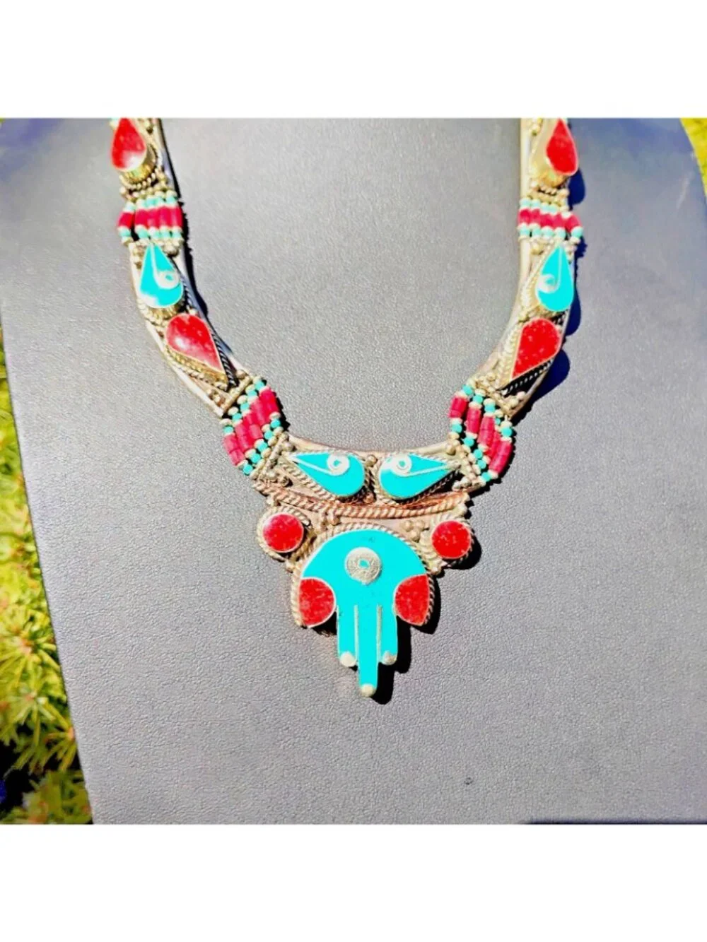 Handcrafted Tibetan Silver Collar Necklace w/Inlay Turquoise & Coral w/Beads